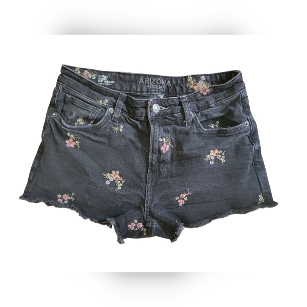 Arizona Jean Co | Floral Embroidered Black Hi-Rise Jean Shorts Inseam 2.5"